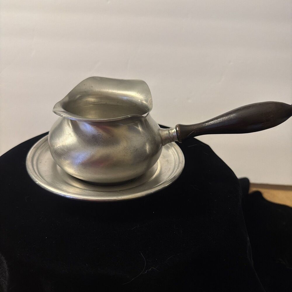 Vintage WEB Pewter #1175 Gravy Boat Sauce Warmer - Wood Handle - Early American